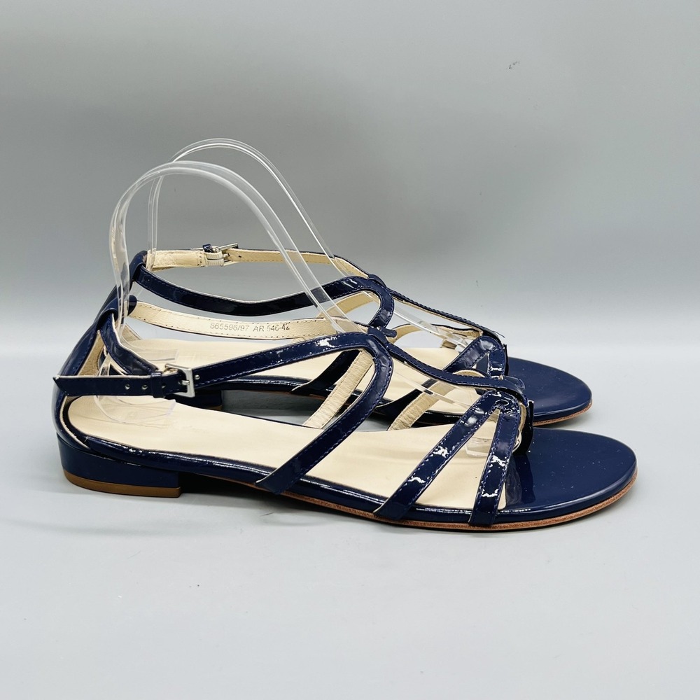 Boden Sandals Womens 10.5 Blue Patent Leather Strappy Ankle Strap Flat Shoes